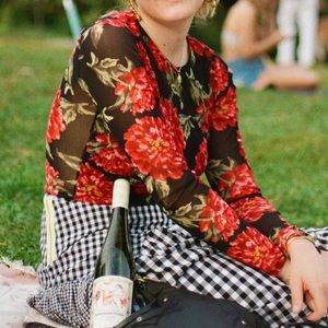 Red and Green Floral Mesh Top